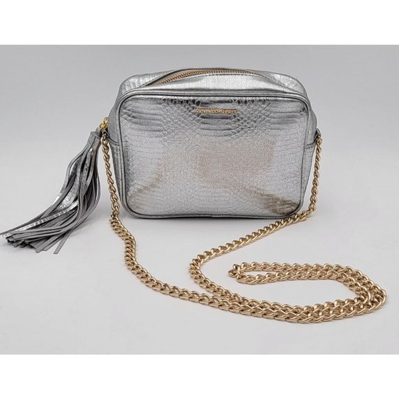 Victoria's Secret Handbags - Victoria's Secret Shoulder Bag Silver Snakeskin Gold Hardware Tassel NWOT